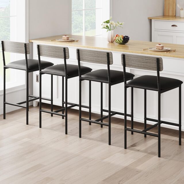 London Boutique Set of 4 65cm(H) Counter Height Bar Stools Kitchen Island Bar Chairs with Wooden Backrest - Grey