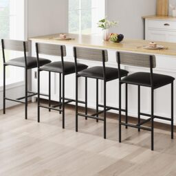 London Boutique Set of 4 65cm(H) Counter Height Bar Stools Kitchen Island Bar Chairs with Wooden Backrest - Grey