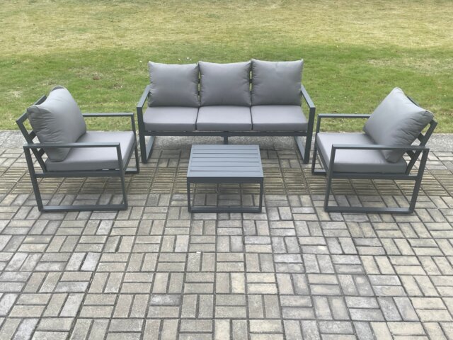 Fimous Aluminium Outdoor Garden Furniture Set Lounge Sofa 2 PC Chairs Square Coffee Table Sets Dark Grey