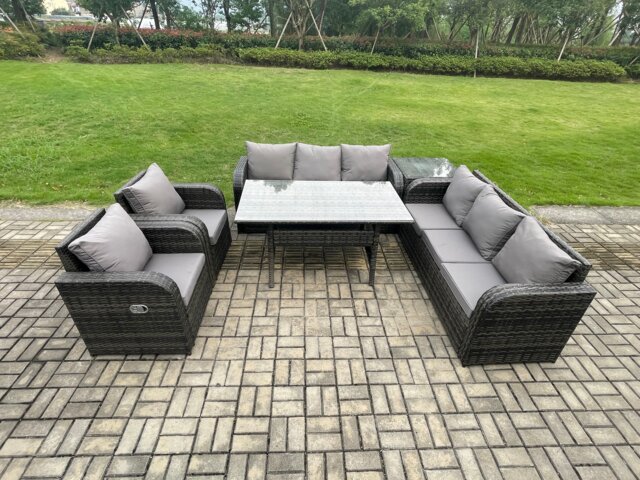 Fimous 6 Piece Rattan Garden Furniture Set with Patio Sofa Rectangular Dining Tablel Side Table Indoor Conservatory Patio Set