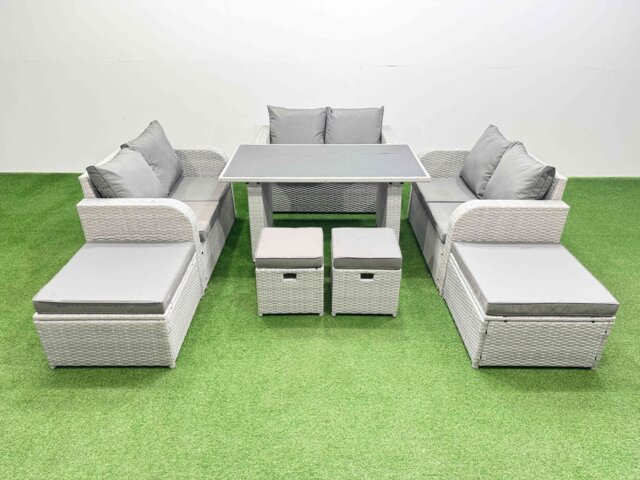 Fimous 10 Seater Patio Garden Furniture Sets with Black Glass Top Dining Table Love Sofa 2 Side Tables 4 Stools Light Grey