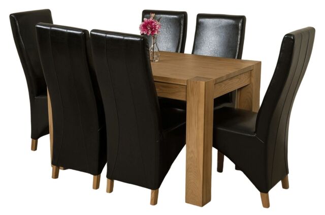 Kuba 125 x 80 cm Chunky Oak Small Dining Table and 6 Lola Leather Chairs Black Black
