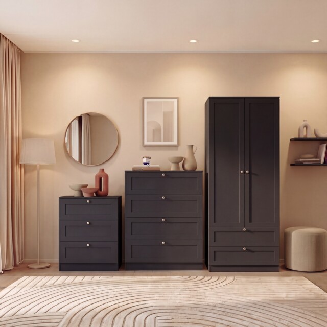 Vida Designs Altino 3 Piece Bedroom Set (3 Drawer Bedside, 4 Drawer Chest, 2 Door 2 Drawer Wardrobe), Black