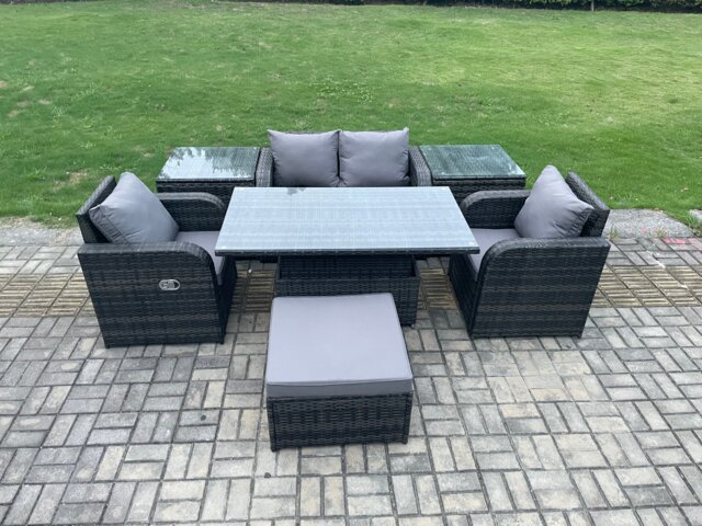 Fimous Outdoor Rattan Furniture Garden Dining Set Height Adjustable Rising lifting Table Love Sofa Chair With 2 Side Tables Big Footstool