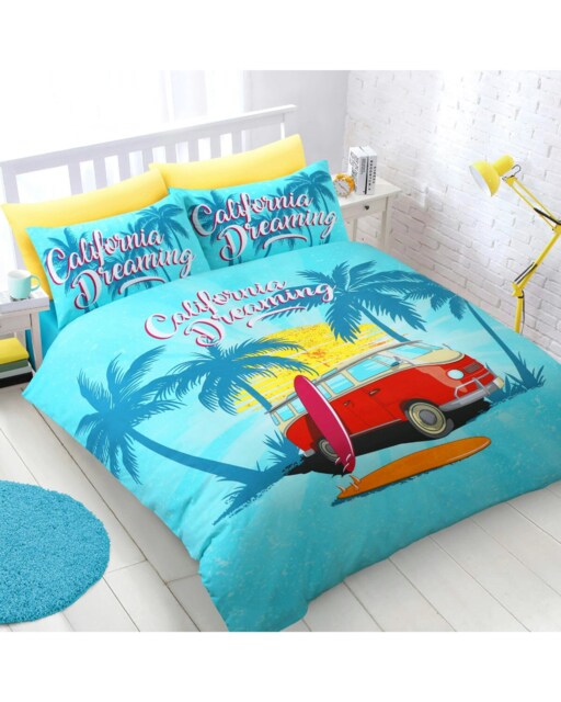 Velosso California Dreaming Printed Cotton Blend Blue Duvet Cover and Pillowcase Set Blue Single