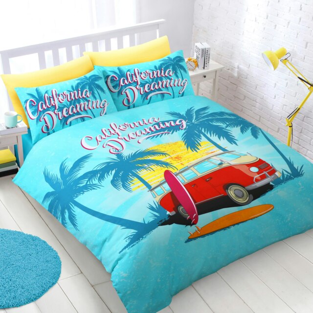 Velosso California Dreaming Printed Cotton Blend Blue Duvet Cover and Pillowcase Set Blue Single