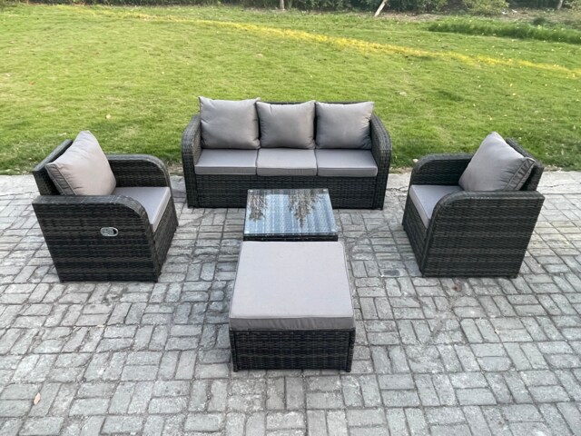 Fimous Garden Furniture Sets 6 Seater Wicker Rattan Furniture Patio Sofa Sets with Reclining Chair 3 Seater Sofa Big Footstool Dark Grey Mixed