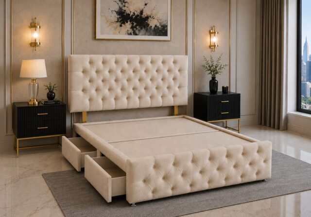 Brooklyn Divan Bed with Upholstered Headboard & Footboard Base - Double Cream Naples 2 Drawers Storage Left Side in Bed