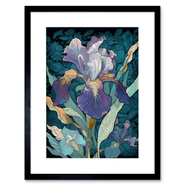 "A Single Iris Flower Bloom Purple Teal Yellow 9x7"" Black Framed Wall Art Print"