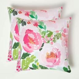 Homescapes Pink Peony Outdoor Cushion 45 x 45 cm - Set of 2 Pink Pink & Green 2