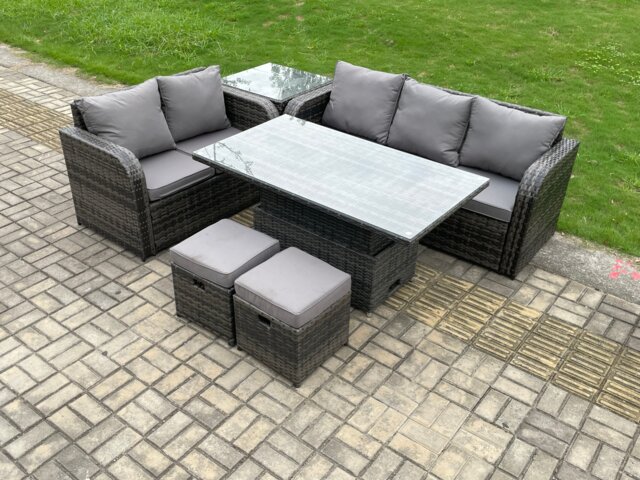Fimous Outdoor Rattan Garden Furniture Sets Height Adjustable Rising lifting Dining Table Lounge Sofa Set With Side Table 2 Small Footstools Dark Grey Mixed