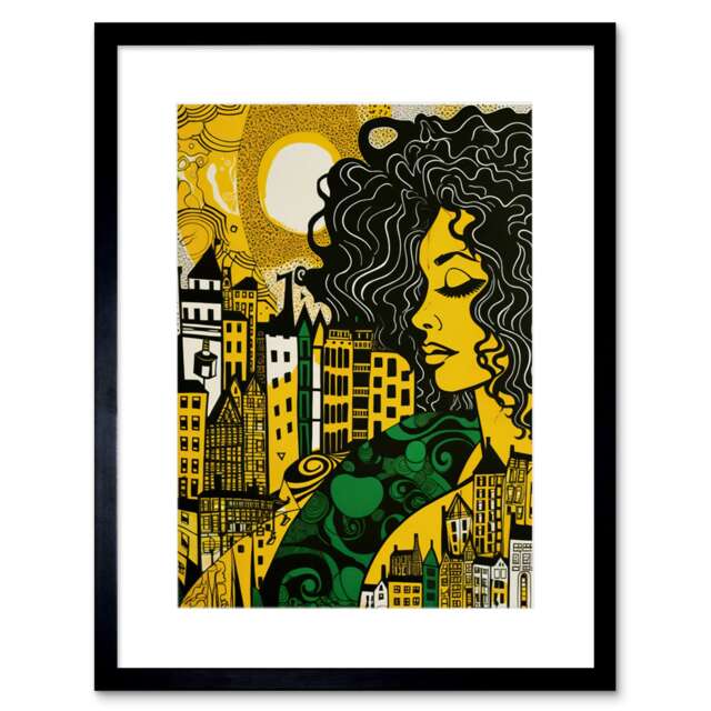 "Woman Edinburgh Cityscape Yellow Green 9x7"" Black Framed Wall Art Print"