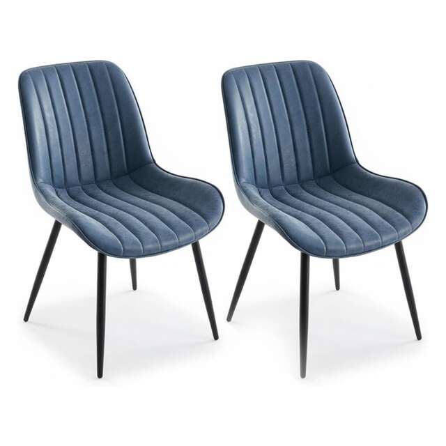 Set of 2 Faux Leather Upholstered Dining Chairs with Backrest & Black Metal Legs - Blue