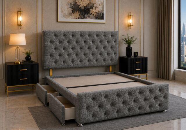 Brooklyn Divan Bed with Upholstered Headboard & Footboard Base - Double Grey Teddy 2 Drawers Storage Left Side in Bed