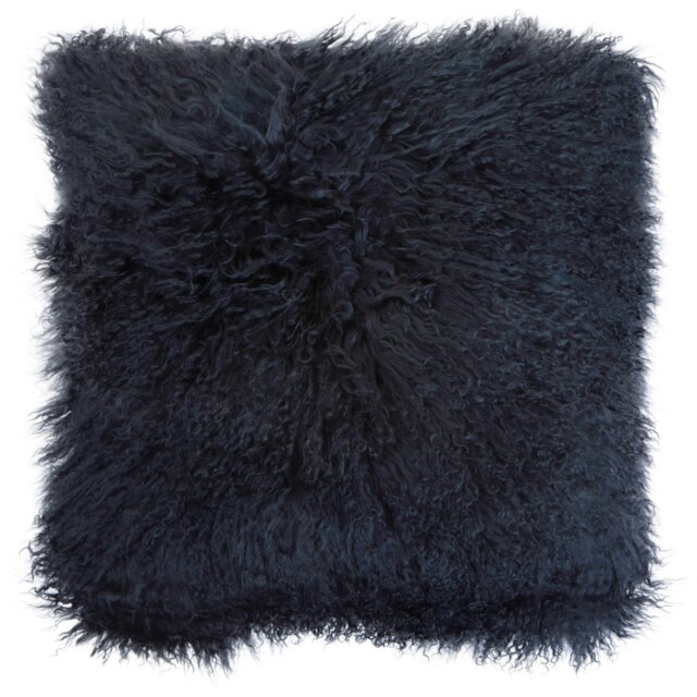 Orsina Black Mongolian Lamb Fur Square Cushion, Luxe Fluffy Textured Throw Pillow with Polyester Reverse