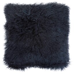 Orsina Black Mongolian Lamb Fur Square Cushion, Luxe Fluffy Textured Throw Pillow with Polyester Reverse