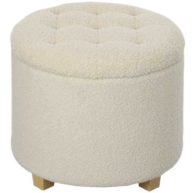 HOMCOM 45cm Round Storage Ottoman, Teddy Fleece Footstool with Removable Lid and Wood Legs, Button Tufted Vanity Stool for Living Room Bedroom Hallway, Cream White Cream