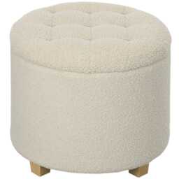 HOMCOM 45cm Round Storage Ottoman, Teddy Fleece Footstool with Removable Lid and Wood Legs, Button Tufted Vanity Stool for Living Room Bedroom Hallway, Cream White Cream
