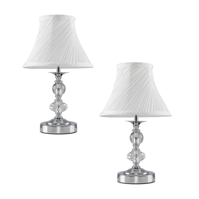ValueLights Jaigier Pair Chrome and Glass Touch Table Lamps White Shades & Bulbs Chrome