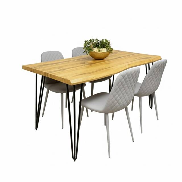Wooden Dining Table Set With 4 Grey Faux Leather Chairs Dining Room Furniture