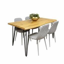 Wooden Dining Table Set With 4 Grey Faux Leather Chairs Dining Room Furniture
