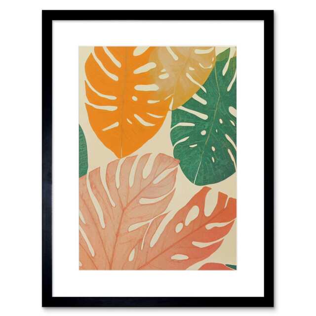 "Pastel Monstera Leaves Botanical 9x7"" Black Framed Wall Art Print"