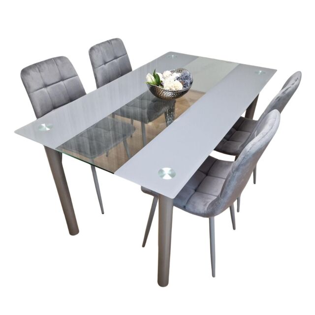 Dining Table and 4 Chairs Modern Grey Glass Table With 4 Grey Velvet Chairs Dining Room Furniture