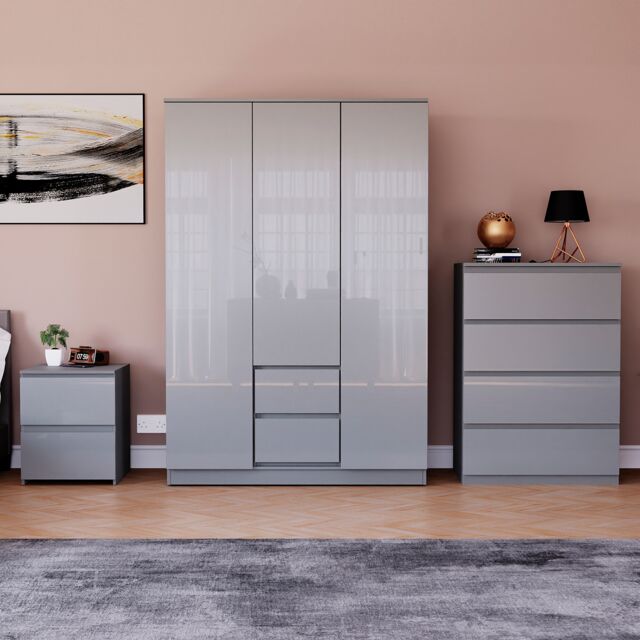 Vida Designs Glinton 3 Piece FSC Certified Bedroom Set (2 Drawer Bedside Chest, 4 Drawer Chest, 3 Door 2 Drawer Wardrobe), Grey Grey Grey L 3