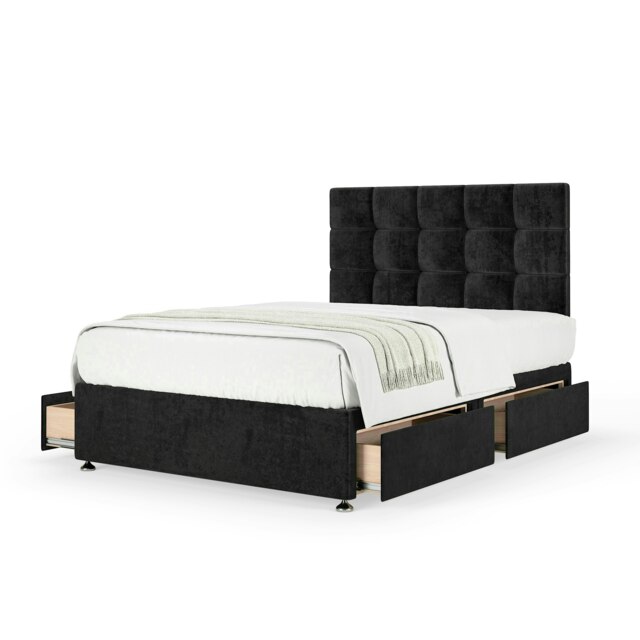 Majestic 1000 Pocket Sprung Black Naples Velvet 4 Drawer Divan Set And Pearl Headboard Double