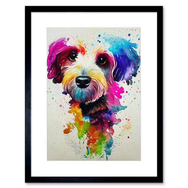 "Ink Splatter Cockapoo Dog Watercolour Painting 9x7"" Black Framed Wall Art Print"