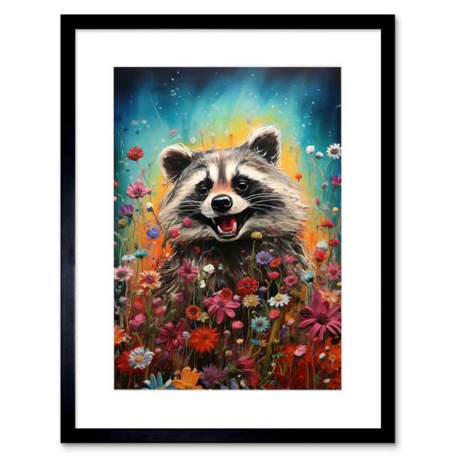 "Gleeful Racoon Quirky Portrait Kids Bedroom 9x7"" Black Framed Wall Art Print"