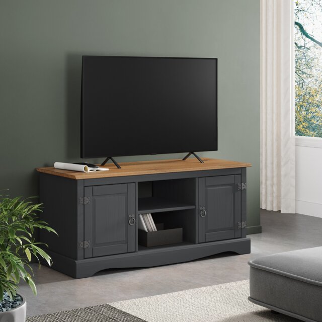 Mercers Furniture Corona Charcoal 2 Door Media Unit 1 Shelf TV Stand Television Cabinet Solid Wood Pine Wooden Dark Grey with Mexican Styling