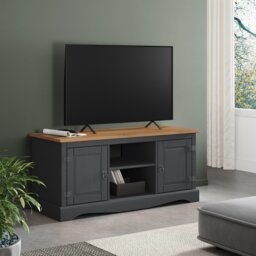 Mercers Furniture Corona Charcoal 2 Door Media Unit 1 Shelf TV Stand Television Cabinet Solid Wood Pine Wooden Dark Grey with Mexican Styling