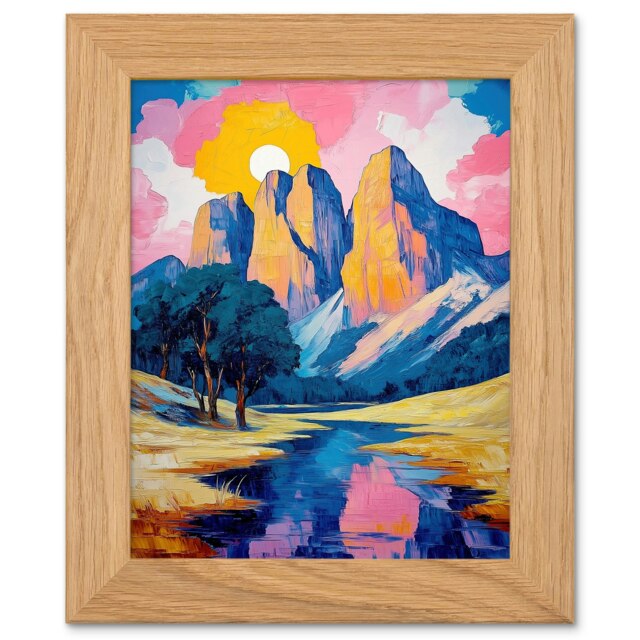 Colorado Mountain Peaks Colourful Landscape Art Oak Wood Framed Wall Print