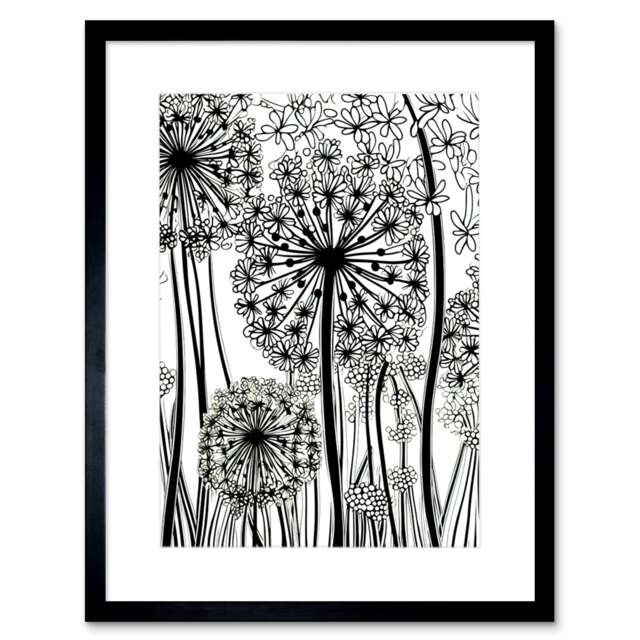 "Black White Contour Folk Art Allium Flowers 9x7"" Black Framed Wall Art Print"