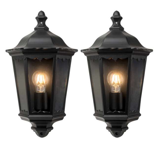 Set of 2 Sienna - Black IP44 Outdoor Half Lantern Wall Lights Black Matt black and clear glass Small 2