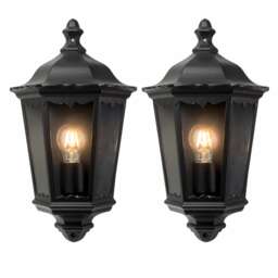 Set of 2 Sienna - Black IP44 Outdoor Half Lantern Wall Lights Black Matt black and clear glass Small 2