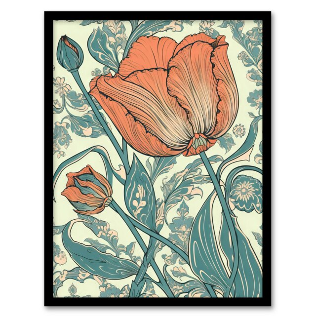 Tulip Flower Pattern Detail William Morris Black Framed Wall Art Print A4