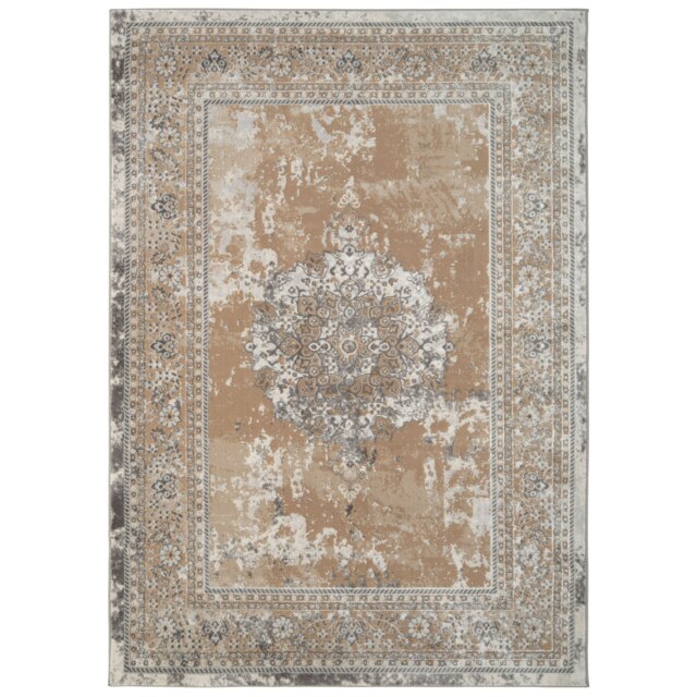 KUKOON Warm Beige Distressed Traditional Medallion Bordered Rug 80cm x 150cm Cream