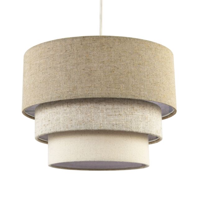 Contemporary Round Triple Tier Beige and Oatmeal Linen Pendant Shade