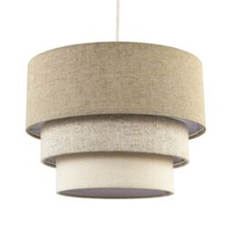 Contemporary Round Triple Tier Beige and Oatmeal Linen Pendant Shade