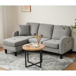 VILUXE 166cm 3 Seater Reversible L-Shaped Corner Sofa with Chaise Lounge, Breathable Linen-Blend Upholstery, Modular Left or Right Chaise and 180kg Capacity, Grey