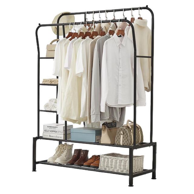House of Home Black Metal Clothes Rail with Double Hanging & Storage Shelves
