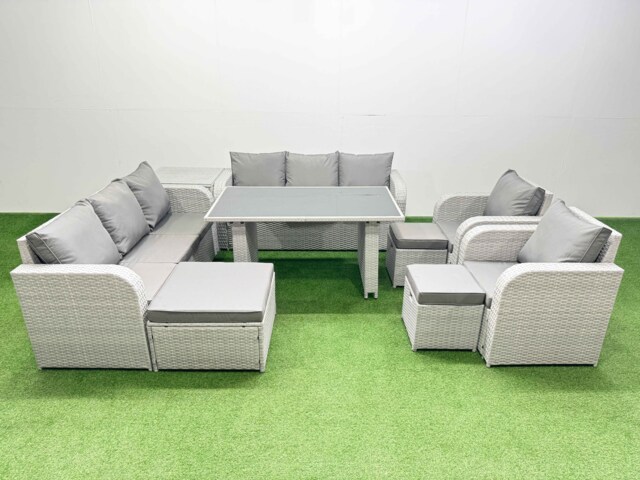Fimous 11 Seater Wicker PE Rattan Furniture Outdoor Dining Table 3 Seater Sofa Reclining Chair Set with Side Table 3 Stools Light Grey