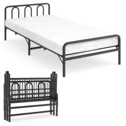 COSTWAY Foldable Bed Frame Portable Folding Bed with Headboard Footboard Black