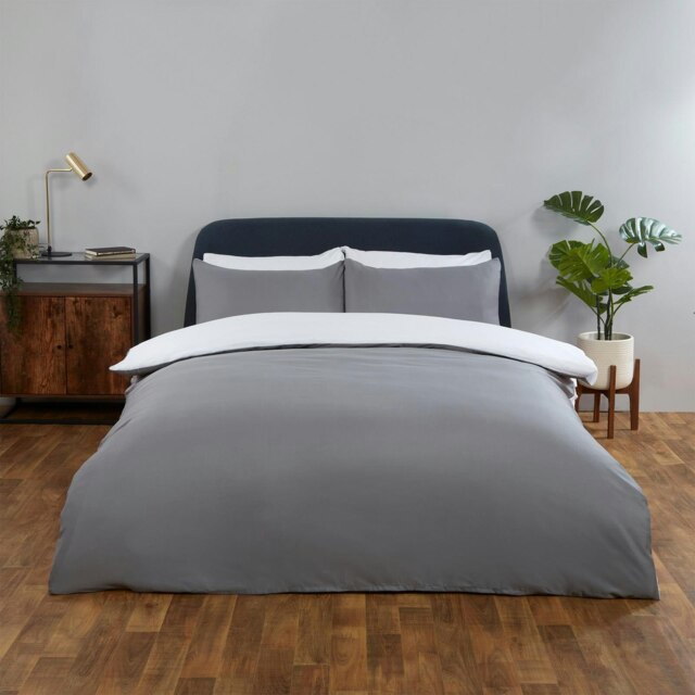OHS Plain Reversible Soft Microfibre Duvet Cover and Pillowcase Set, King - Grey/White