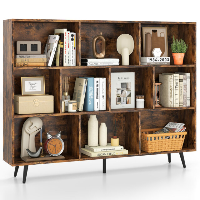 COSTWAY 10 Cube Bookcase 140 CM Mid Century Modern Storage Organizer Brown