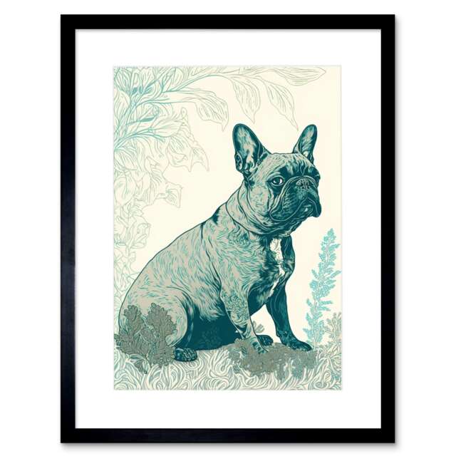 "French Bulldog Sitting Park Modern Monochrome 9x7"" Black Framed Wall Art Print"