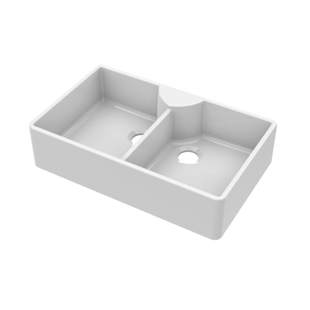 Balterley 2 Bowl Stepped Weir Butler Kitchen Sink - Tap Ledge, No Overflow, Tap Hole White White 1