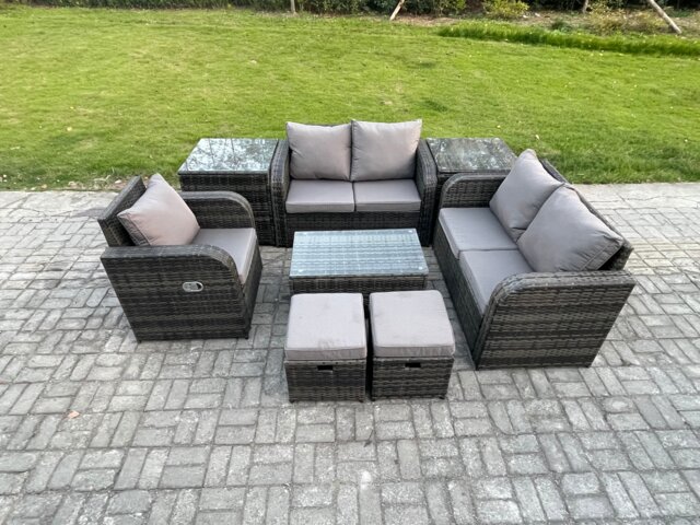 Fimous 7 Seater High Back Rattan Garden Furniture Set with Loveseat Sofa Rectangular Coffee Table 2 Small Footstools 2 Side Tables Indoor Outdoor Patio Lounge Sofa Set Dark Grey Mixed